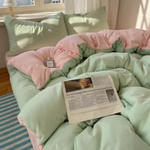 Conjunto de Roupa de Cama 4 Peças 100% Algodão - Solteiro, Casal, Queen e King - Verde Claro-Rosa, Tamanho Casal 4 peças