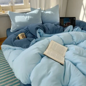 Conjunto de Roupa de Cama 4 Peças 100% Algodão - Solteiro, Casal, Queen e King - Azul Céu-Azul Jeans, Tamanho Casal 4 peças