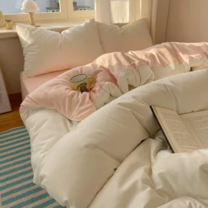 Conjunto de Roupa de Cama 4 Peças 100% Algodão - Solteiro, Casal, Queen e King - Branco Leite-Rosa, Tamanho Casal 4 peças