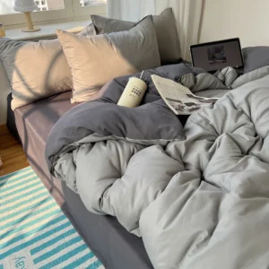 Conjunto de Roupa de Cama 4 Peças 100% Algodão - Solteiro, Casal, Queen e King - Cinza Claro-Cinza Escuro, Tamanho Casal 4 peças