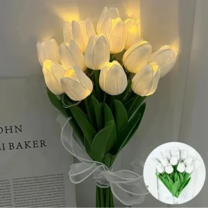 Buquê de Tulipas LED Artificiais para Decoração de Casamento e Aniversário - BRANCO, 5 unidades