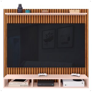 Painel para TV 50 Polegadas Ripado 3 Nichos e Prateleira Suspensa Home Rack Sala Quarto Moderno - Ripado/off