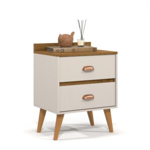 mesa de cabeceira retrô decor com 2 gavetas - MADERO - OFF WHITE / FREIJO