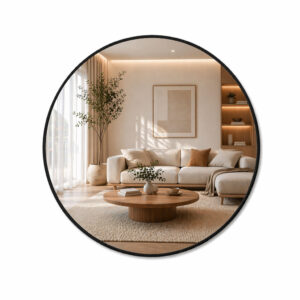 Espelho Adnet Com Alça Couro Redondo Decorativo Várias Tamanhos + Suporte - Moldura Preto