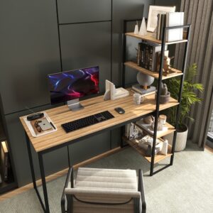 Escrivaninha Mesa Escritório Home Office Lâmina com Preto com 5 Prateleiras Estante Integrada Industrial Mod: Atenas Sho