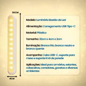 Luminária LED Recarregável USB-C Magnética 3 Tons Luz Portátil