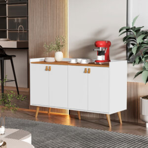 *Aparador Buffet Cantinho Café Sala Jantar Cozinha 4 Portas Puxador Embutido Prateleira Interna K7 - Luana 4 Branco Com Freijó