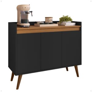 Aparador Buffet Retrô Pés Palito Em Madeira Maciça Esplanada Cantinho Do Café Recepção 2,3,4 Portas - Lívia 3 Preto Com Freijó