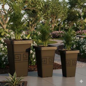 Kit 3 Vasos Plástico Reforçado Coluna Grego Quadrado P M G Para Plantas Decoração Jardim Varanda