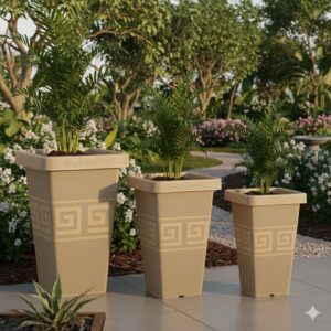 Kit 3 Vasos Plástico Reforçado Coluna Grego Quadrado P M G Para Plantas Decoração Jardim Varanda