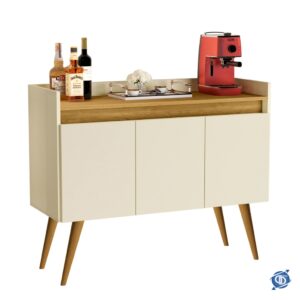 *Aparador Buffet Cantinho Café Sala Jantar Cozinha 4 Portas Puxador Embutido Prateleira Interna K7 - Luxo 3 Off White Com Madeirado