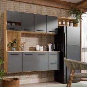 Armário de Cozinha Juliana 180cm Suspenso 7 Portas 2 Gavetas MDF MDP Compacto Moderno 3 Cores - Damasco Cinza