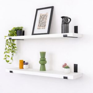 Kit 2 Prateleiras Estilo Industrial com Mão Francesa Invertida Prateleira de Madeira - Madeira Branca, Suporte Preto