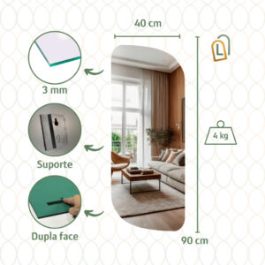 Espelho Lopazzi GRANDE ORGÂNICO RETANGULAR VIDRO DECORAÇÃO PARA SALA QUARTO BANHEIRO SUPORTE OU DUPLA FACE - Vitta 90x40