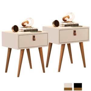 Kit 2 Mesa De Cabeceira Retrô Puxador Couro Pes Madeira