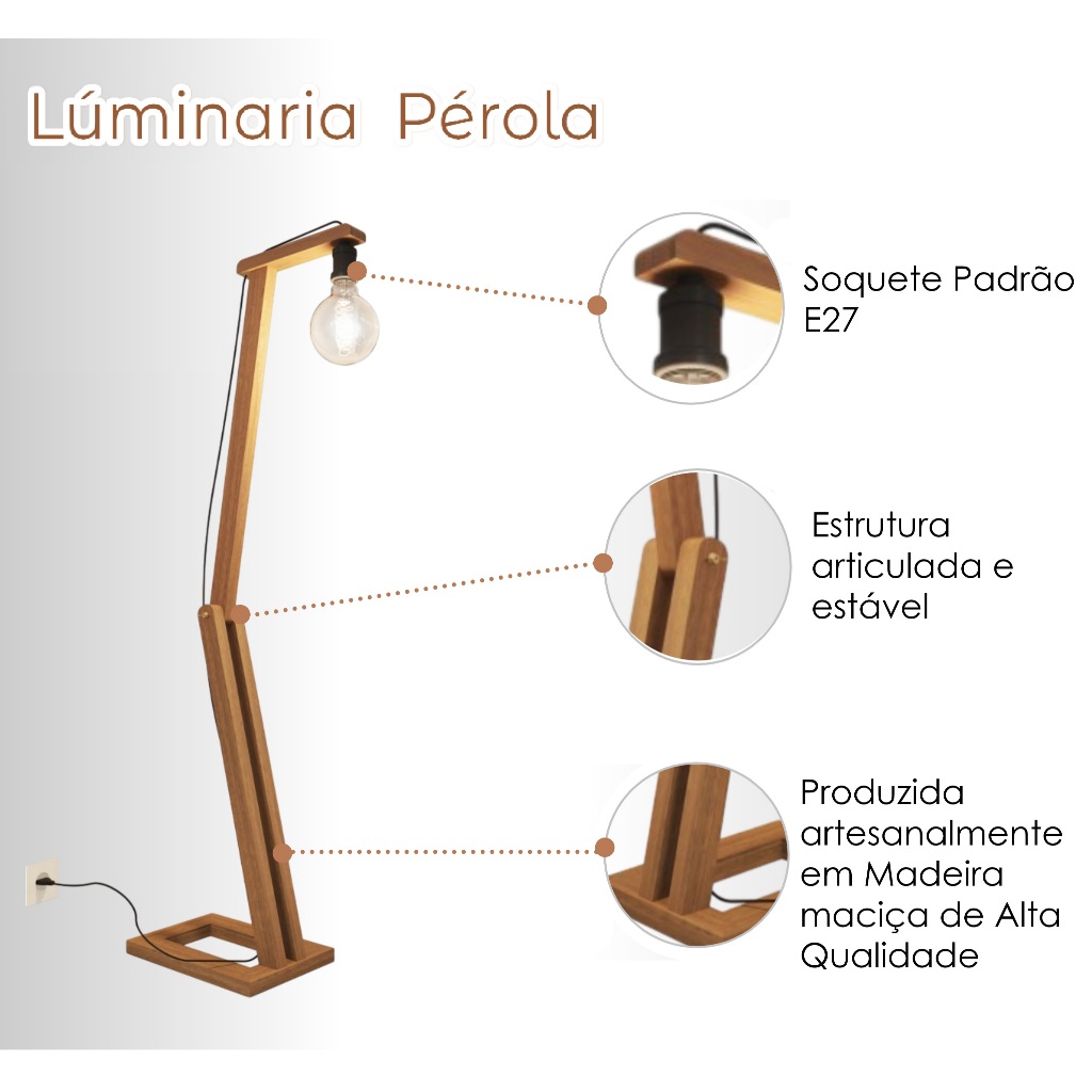 Luminária de chão ajustável minimalista Cor natural Madeira leitura decoração