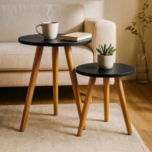 Conjunto de Mesinhas Canto E Apoio Pe Palito Madeira Tripe Porta Quadros E Objetos MDF Branco