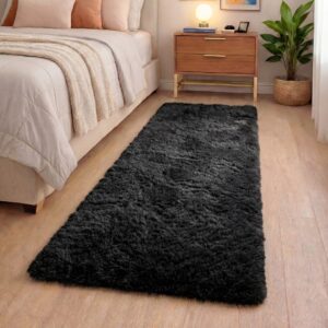 Tapete Passadeira 2,00 x 0,60 Corredor Quarto Sala Beira de Cama Felpudo Peludo - Preto