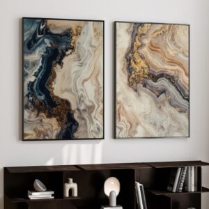 Quadro Abstrato Mármore Azul e Dourado 2 Telas (Díptico) | Decoração Luxo Sala