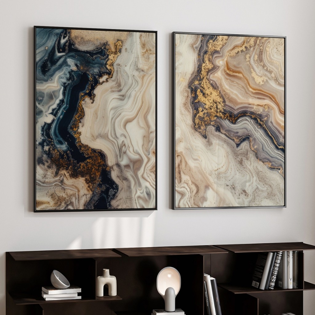Quadro Abstrato Mármore Azul e Dourado 2 Telas (Díptico) | Decoração Luxo Sala