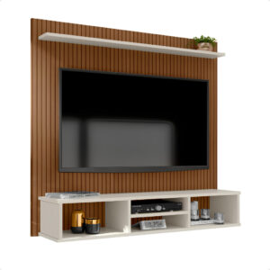 Painel Ripado TV Para Sala Com Nicho e Prateleira Espaçosa Organização Elegante Moderna e Resistente - 50" - Ripado/Off White