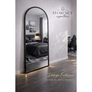 Espelho Verona Oval Base Reta Corpo Inteiro Com Moldura em Couro Premium 120x50 Sala Quarto - Preto