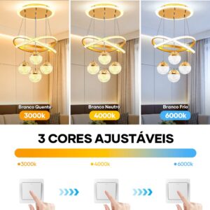 Lustre Pendente Moderno Cristal LED 3 Cores Sala Estar Jantar Quarto Luxo Luminária Teto Dourado