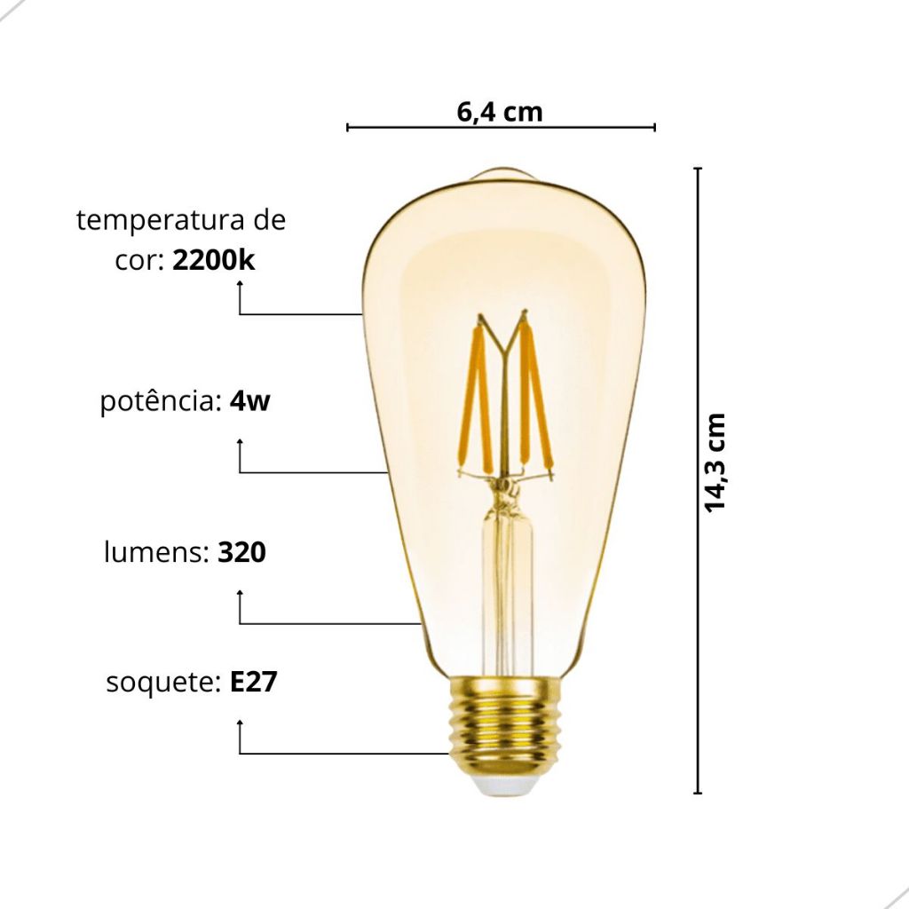 Lâmpada Led Filamento ST64 Vintage Decorativa Elegante 4w Retro Âmbar 2200k Luz Branco Quente Pêra