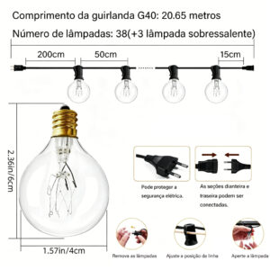 Cordão de 7m/46m Luzes à Prova d'água com Lâmpadas Incandescentes G40 de Perfeito Para Iluminação de Festas no Jardim - 20.65M/38Lâmpadas+ 3 extra