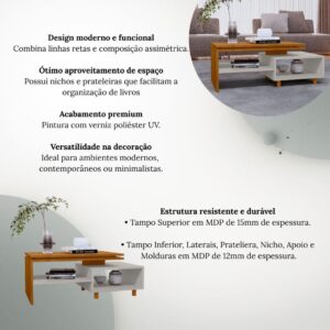 Mesa Centro Sala Retangular Tampo Duplo Pés Madeira Maciça Design Moderno Luxo Compacta