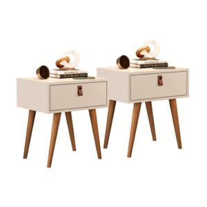 Kit 2 Mesa De Cabeceira Retrô Puxador Couro Pes Madeira - OffWhite/Legno