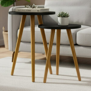 Conjunto de Mesinhas Canto E Apoio Pe Palito Madeira Tripe Porta Quadros E Objetos MDF Branco - Kit Preto