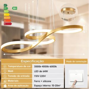 Lustre Moderno De Controle Remoto 110V-220V Dourado 75cm 3 Cores Pendentes Vários Modelos Para Sala De Estar - A/Ouro/Regular/110V-220V