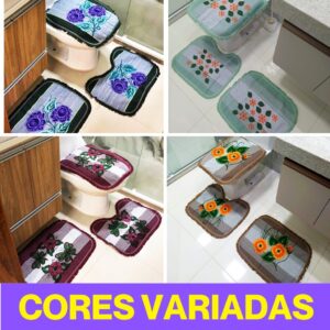 Tapete Para Banheiro Jogo 3 Peças Conjunto Tapetes Toalha Chão Piso Estampas Liso Barato Promoção