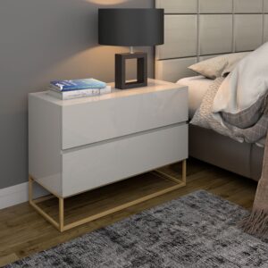 Mesa Cabeceira Eros 60cm Com Gavetas Pés Dourado Estilo Industrial