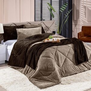 Kit Coberdrom KING 03 Peças Edredom Cobertor Dupla Face Canelado Denver Manta Quente com Fronhas - Caqui