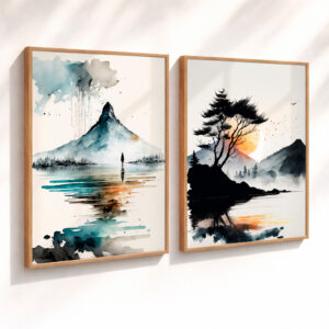 Kit 2 Quadros com Moldura Paisagem Aquarela Montanha Lago Minimalista Natureza Zen - Carvalho