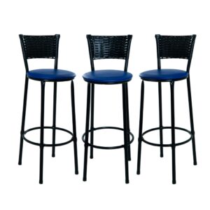 KIT 3 BANQUETAS BANCO ALTO ENCOSTO PRETO COZINHA AREA GOURMET MOVEIS DE JUNCO - azul