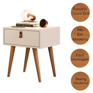 Kit 2 Mesa De Cabeceira Retrô Puxador Couro Pes Madeira