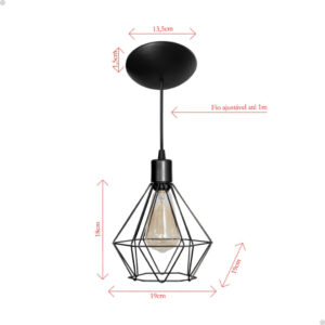 Kit 5 Lustre Pendente Luminária Diamante Aramado Teto Sala Cozinha Preto