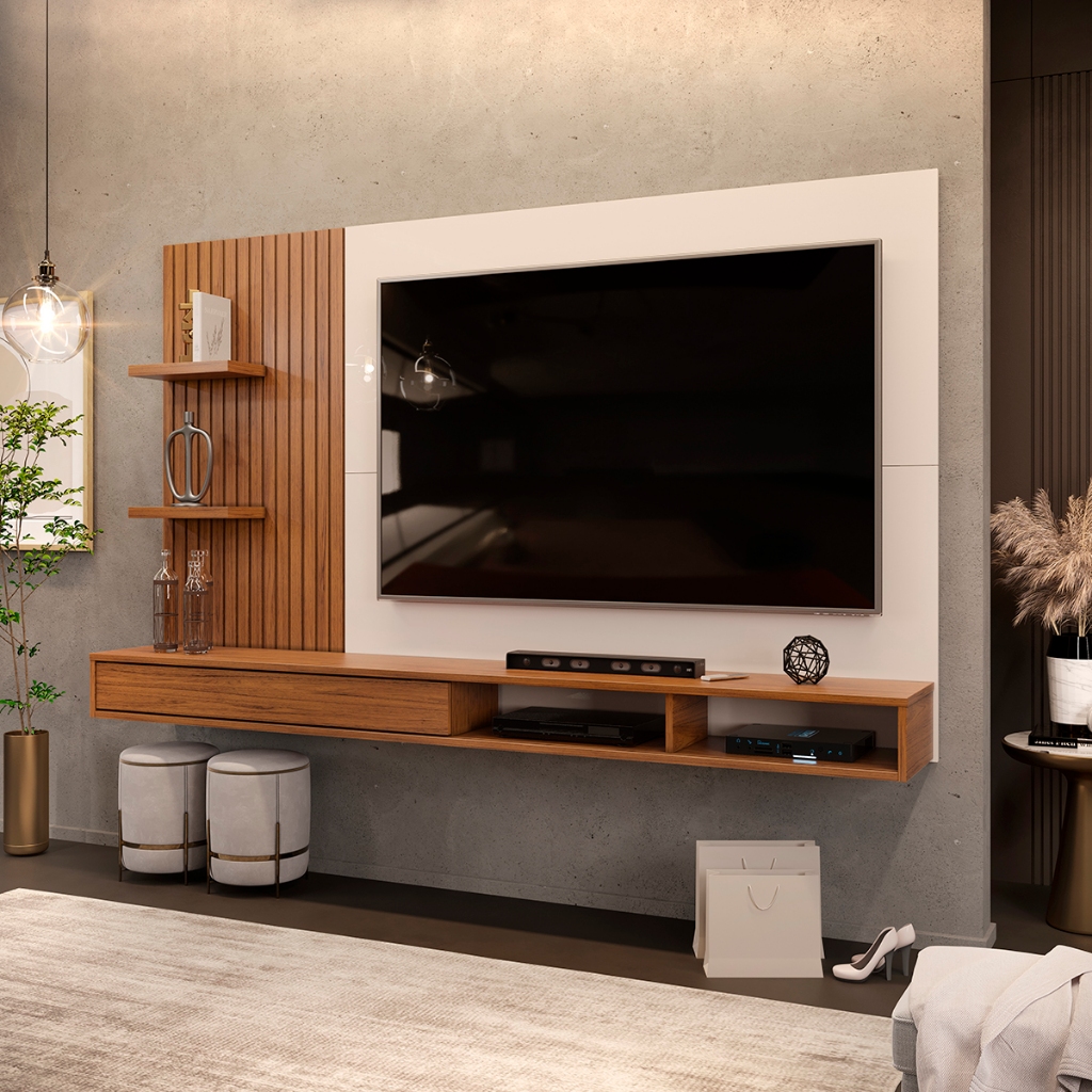 Painel para TV até 60 Polegadas Ripado com Nichos Dj Móveis Bento Freijó Off White