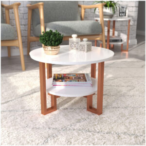 Mesa De Centro 2 Tampos Decorativa Para Sala Com Pés em Rosé Gold - Branco