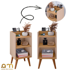 Kit com 2 Mesa de Cabeceira Nicho Organizador, pés retrô em PVC e Porta-Celular Max
