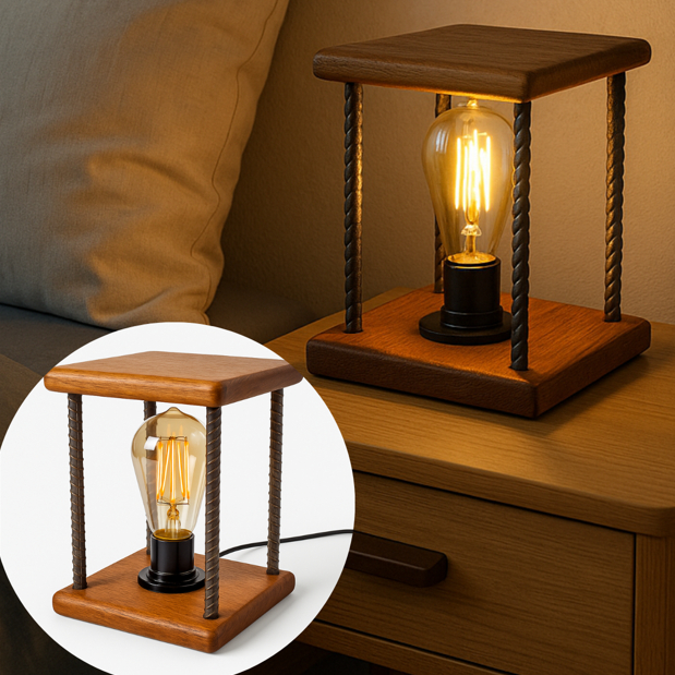 Abajur de Madeira Rústico Industrial de Mesa Bivolt – Decoração Exclusiva com Estilo Retrô