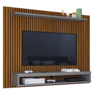 Painel Ripado TV Para Sala Com Nicho e Prateleira Espaçosa Organização Elegante Moderna e Resistente - 60" - Ripado/Cinza
