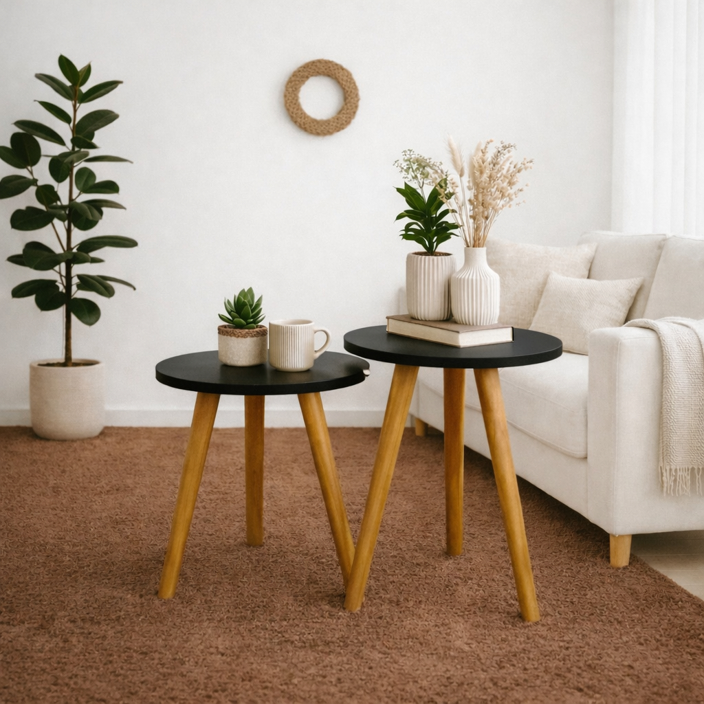 Conjunto de Mesinhas Canto E Apoio Pe Palito Madeira Tripe Porta Quadros E Objetos MDF Branco