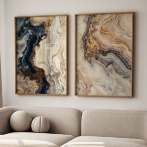 Quadro Abstrato Mármore Azul e Dourado 2 Telas (Díptico) | Decoração Luxo Sala
