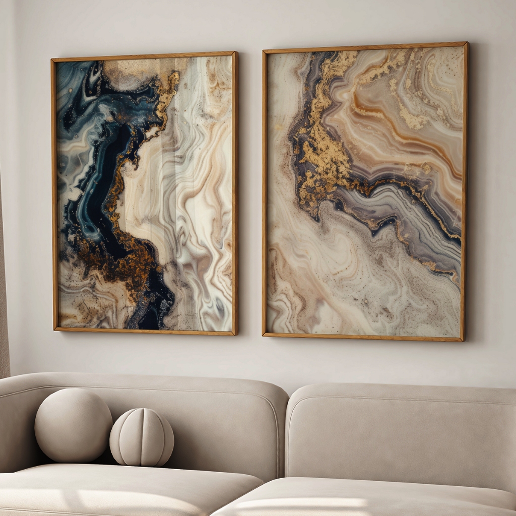 Quadro Abstrato Mármore Azul e Dourado 2 Telas (Díptico) | Decoração Luxo Sala