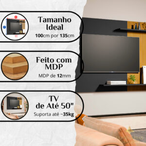 Painel de TV 50 Polegadas Com Nichos 2 Prateleiras Feito Em MDP Montagem Fácil Para Televisão