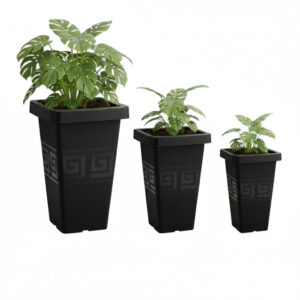 Kit 3 Vasos Plástico Reforçado Coluna Grego Quadrado P M G Para Plantas Decoração Jardim Varanda - Preto